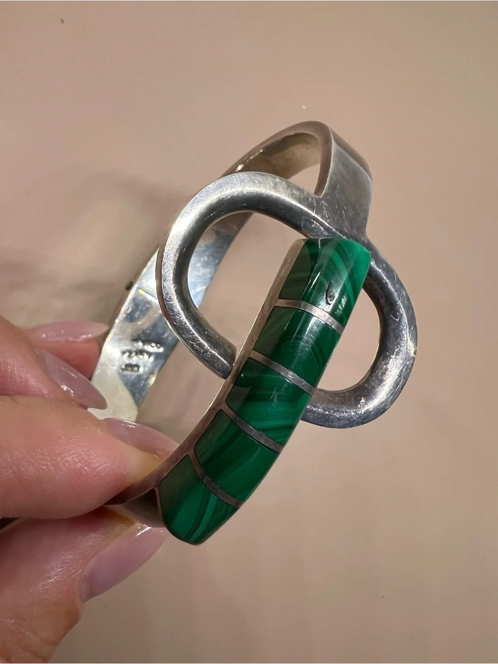 950 Silver Cuff Bracelet with Green Malachite Inlay